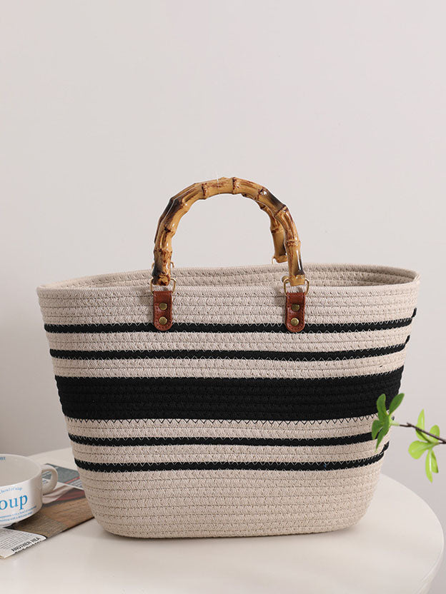 Sac de plage rétro en bambou tissé à rayures
