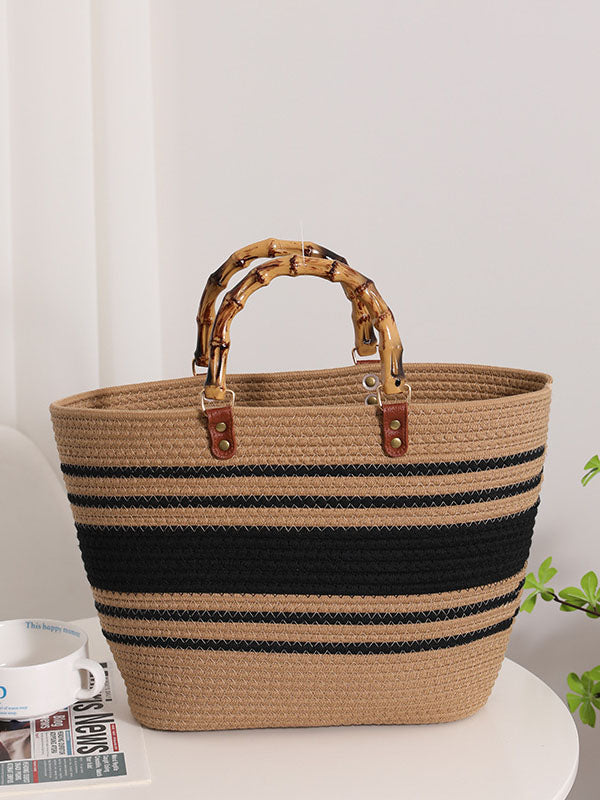 Sac de plage rétro en bambou tissé à rayures