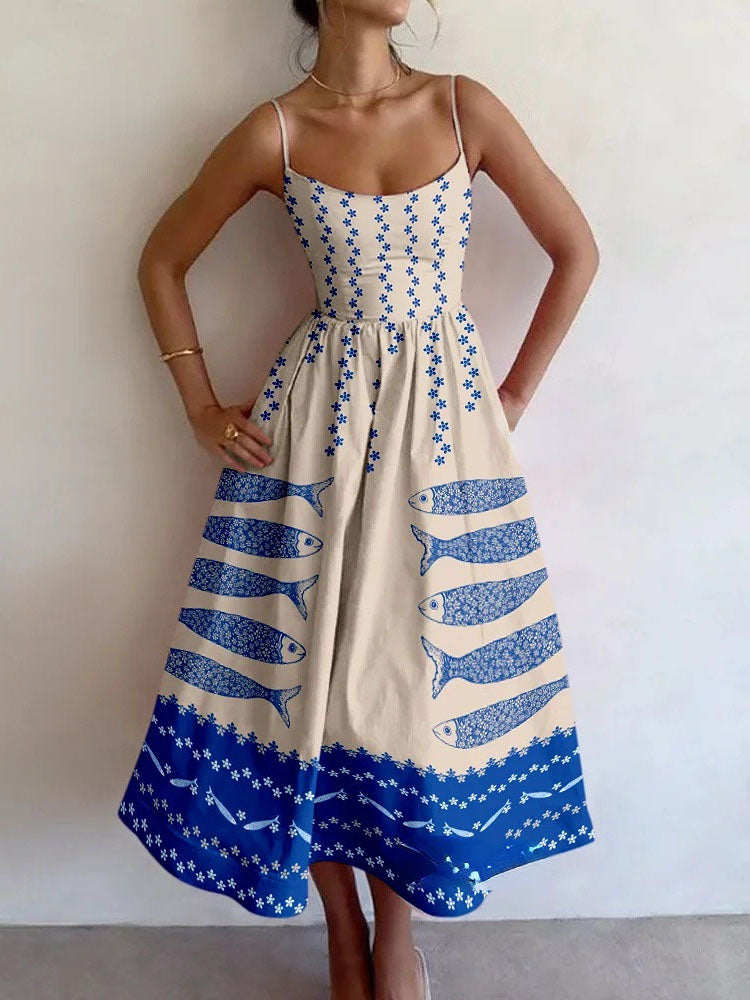 Robe midi à imprimé floral et poisson unique