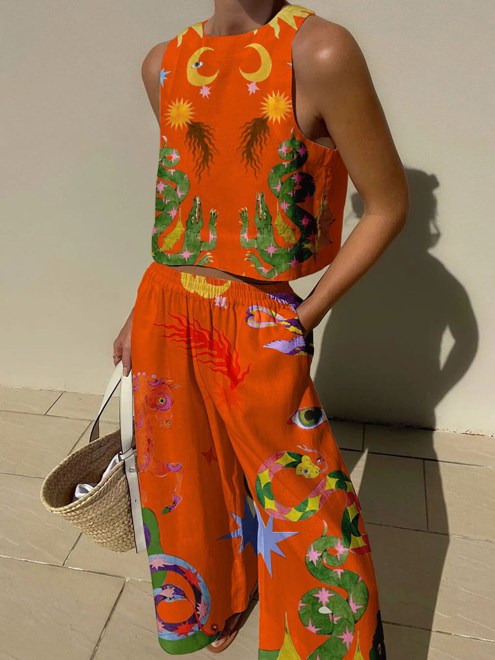 Set aus Tanktop mit einzigartigem Print und Hose mit elastischer Taille und Taschen
