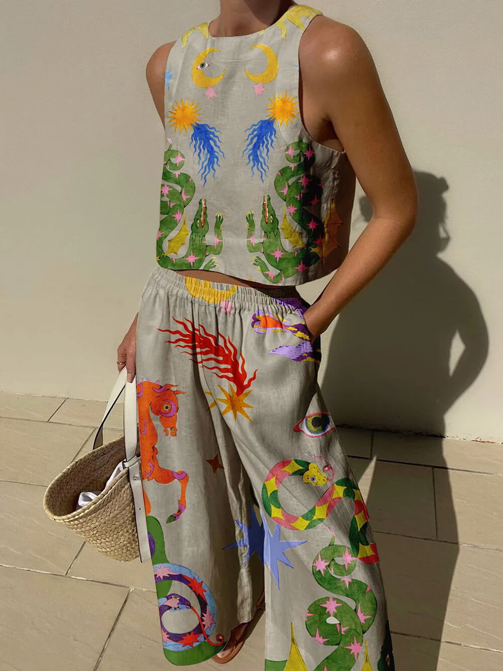 Set aus Tanktop mit einzigartigem Print und Hose mit elastischer Taille und Taschen