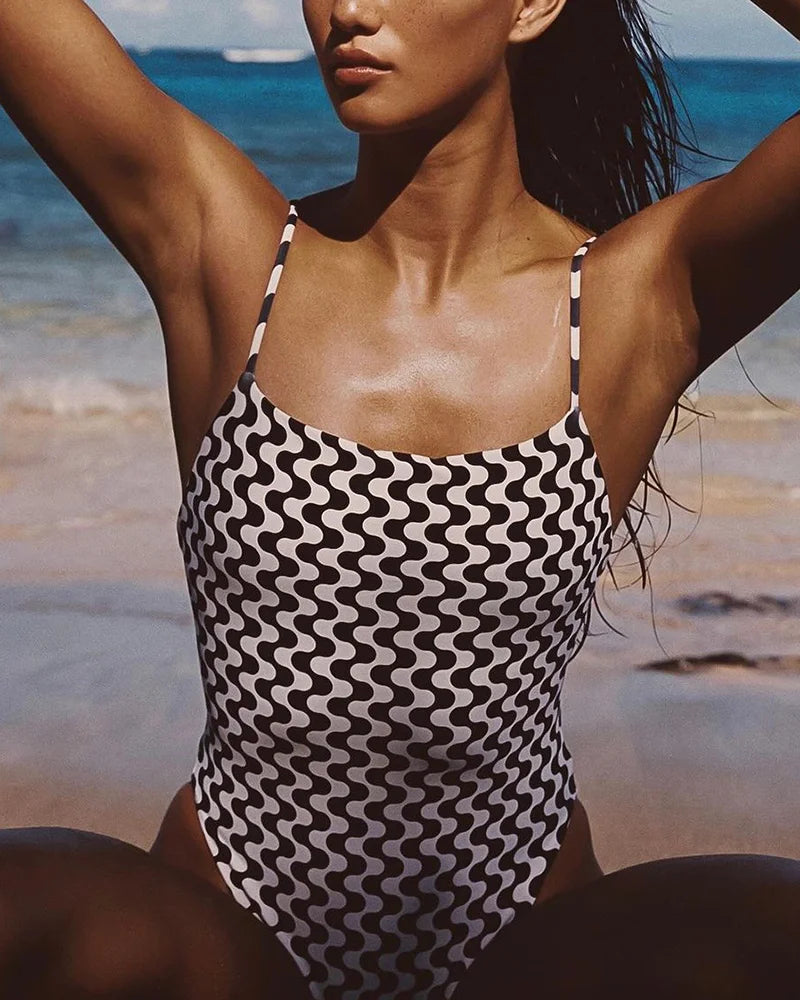 Women's printed suspender one-piece swimsuit Black