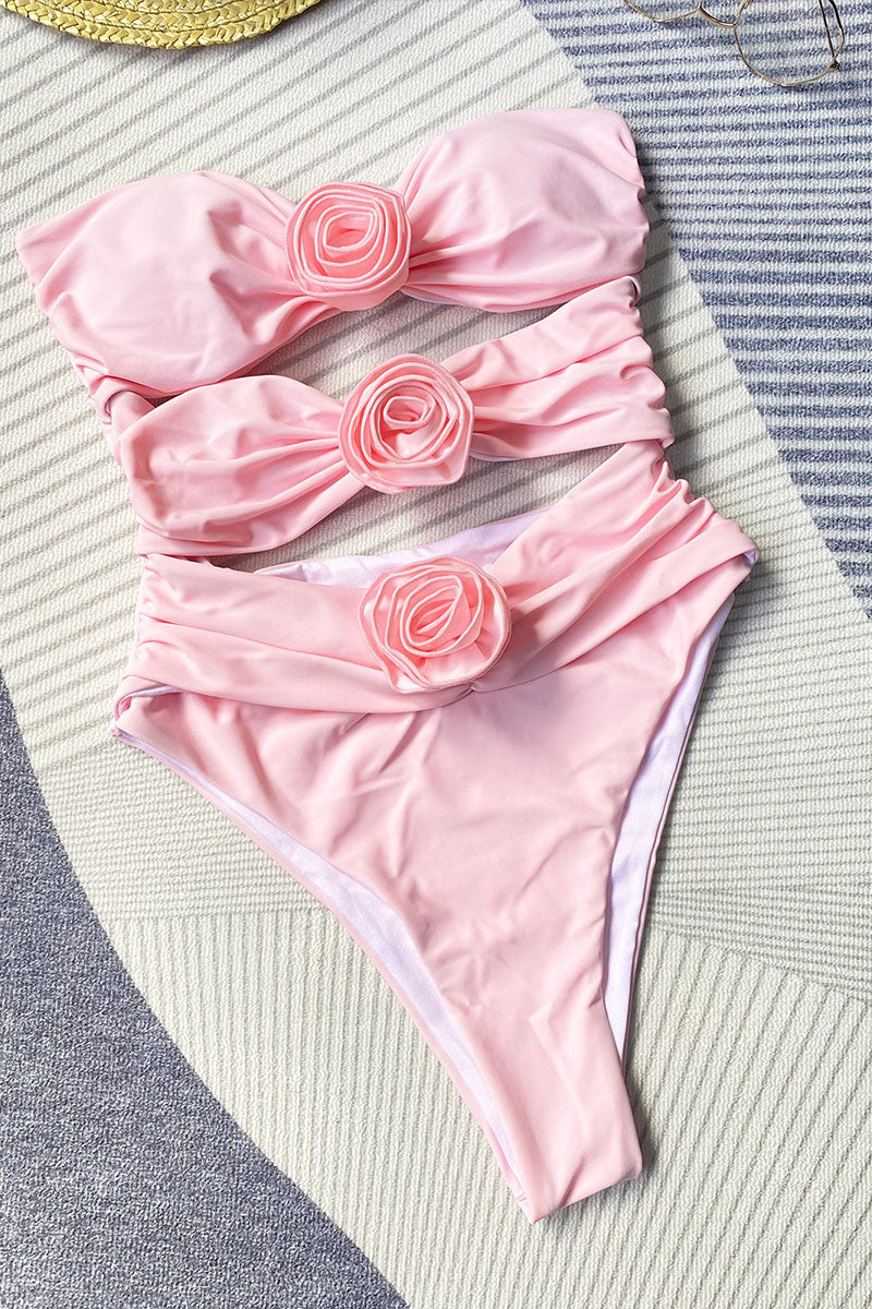 Three-dimensional floral one-piece solid color women's swimsuit Pink