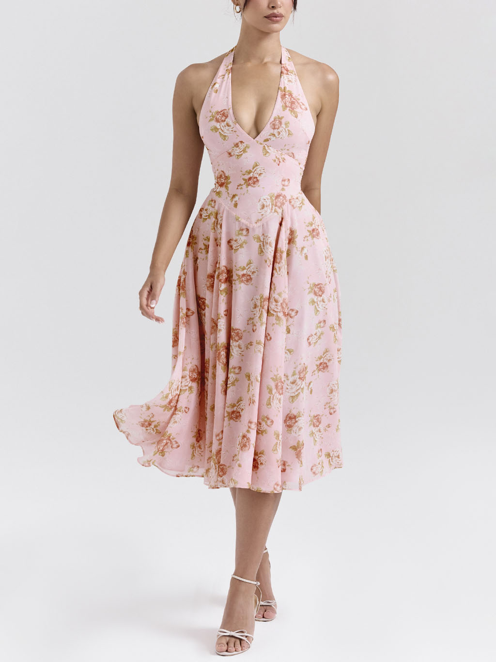 Robe mi-longue rétro à col en V et imprimé roses