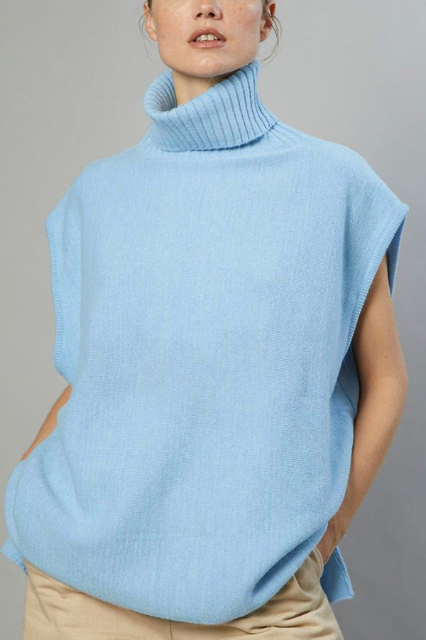 Turtleneck Sleeveless Top Fashion Casual Sweater Blue