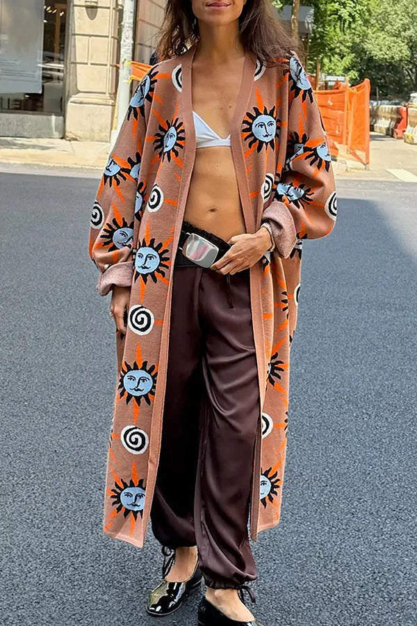 Mediterraner Kunststrick, einzigartiger Sun Vortex Print, Glockenärmel, langer Cardigan