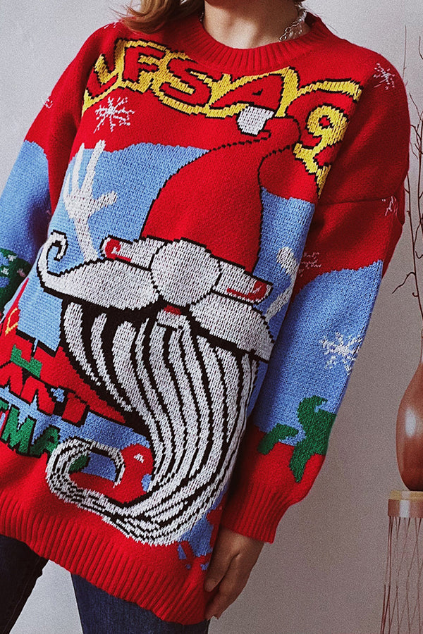 Christmas Pattern Knitted Crew Neck Long Sleeved Sweater Red