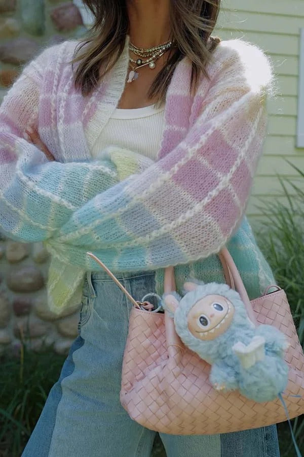 Palette Day – Lockere Strickjacke mit Farbblöcken und offener Vorderseite und Ballonärmeln
