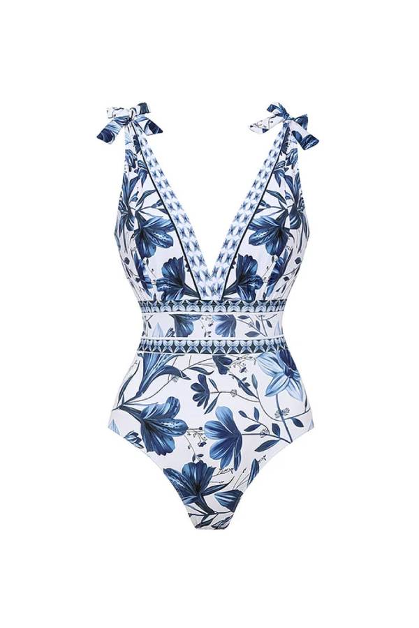 V Neck Lace Up Printed One Piece Swimsuit and Skirt One Pieces