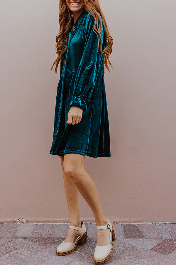 Velvet Double Pocket Shirt Collar Button Elegant Long Sleeve Dress