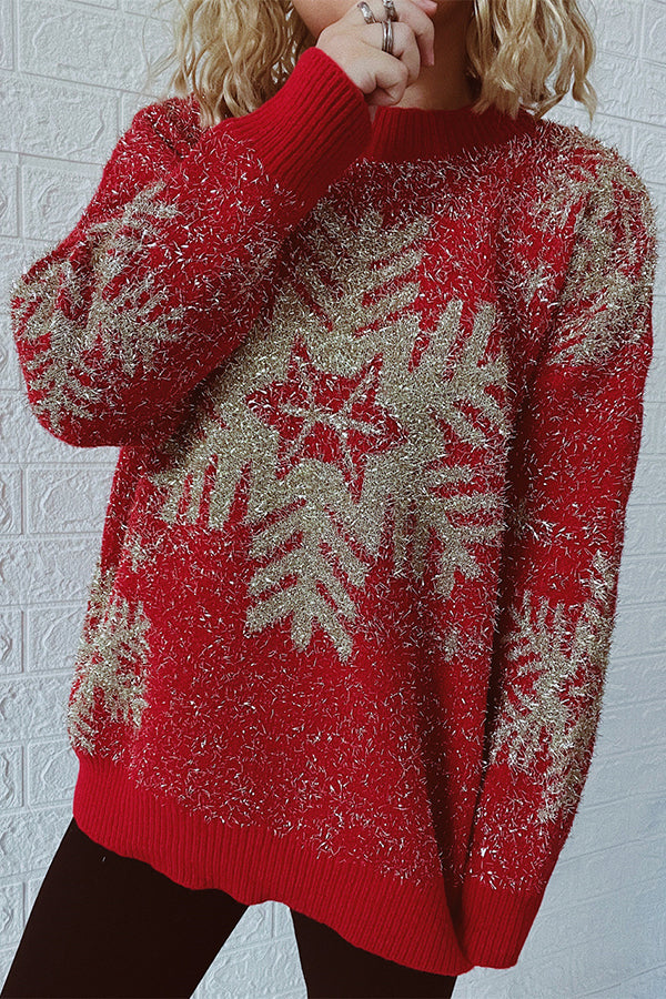 Christmas Pattern Knitted Crew Neck Long Sleeved Sweater snowflake