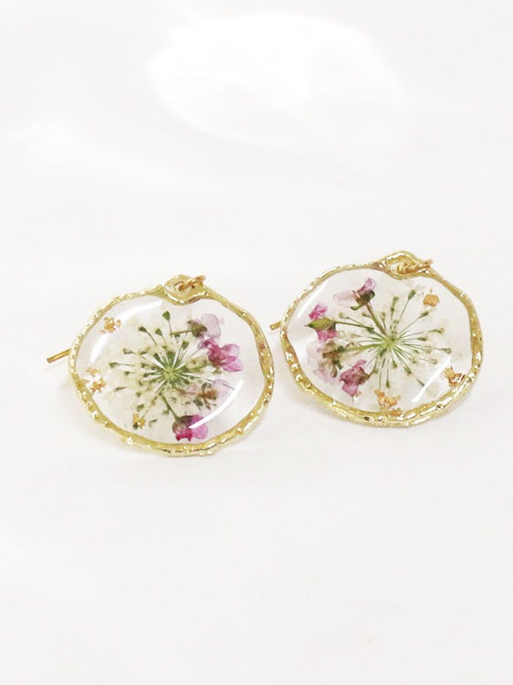 Retro Country Style Dried Flower Earrings Pink alyssum one size