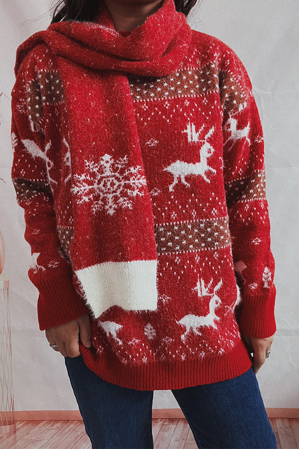 Christmas Pattern Knitted Round Tie Scarf Long Sleeve Sweater Red