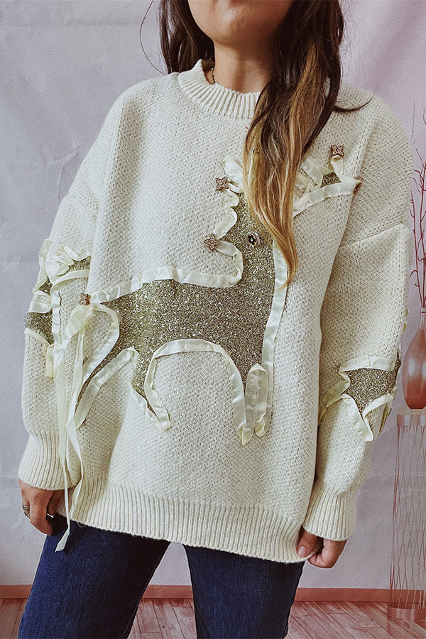 Christmas Pattern Knitted Crew Neck Long Sleeved Sweater White