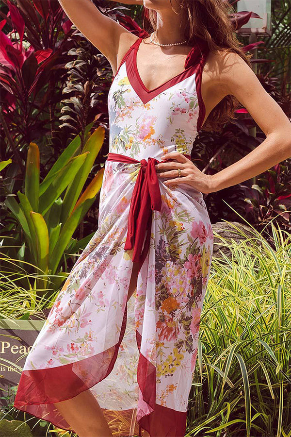 Floral Print V Neck Wine Red One Piece Swimsuit With Cover Up Wine Red