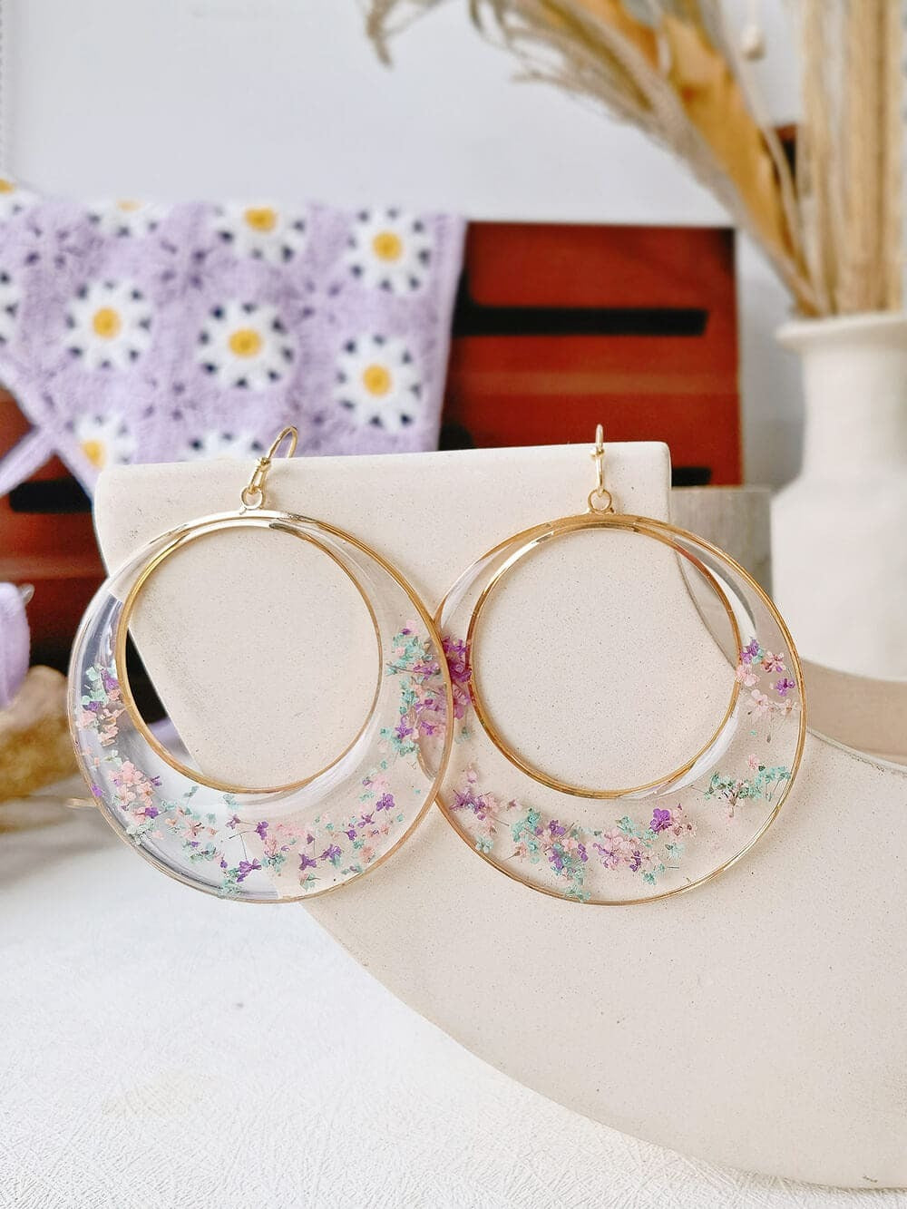 Queen Anne Lace Dried Flowers Large Hoop Earrings Purple one size