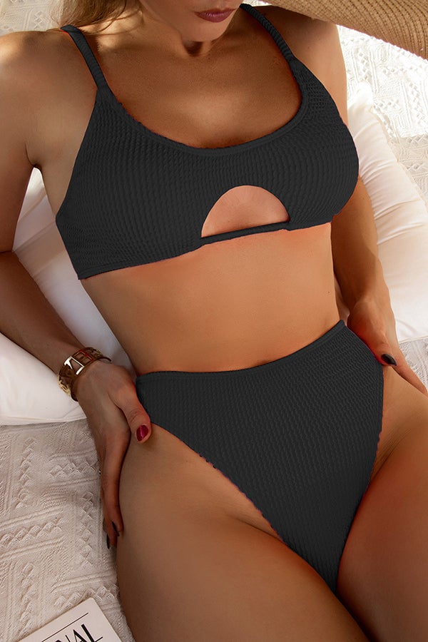 Solid Color High Waist Hollow Bikini Black
