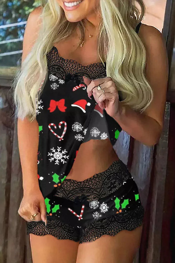 Christmas Hat Snowflake Lace Splicing Camisole And Shorts Pajamas Set Multicolor