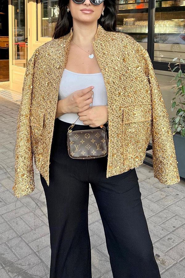 Sequined small stand collar jacket Gold