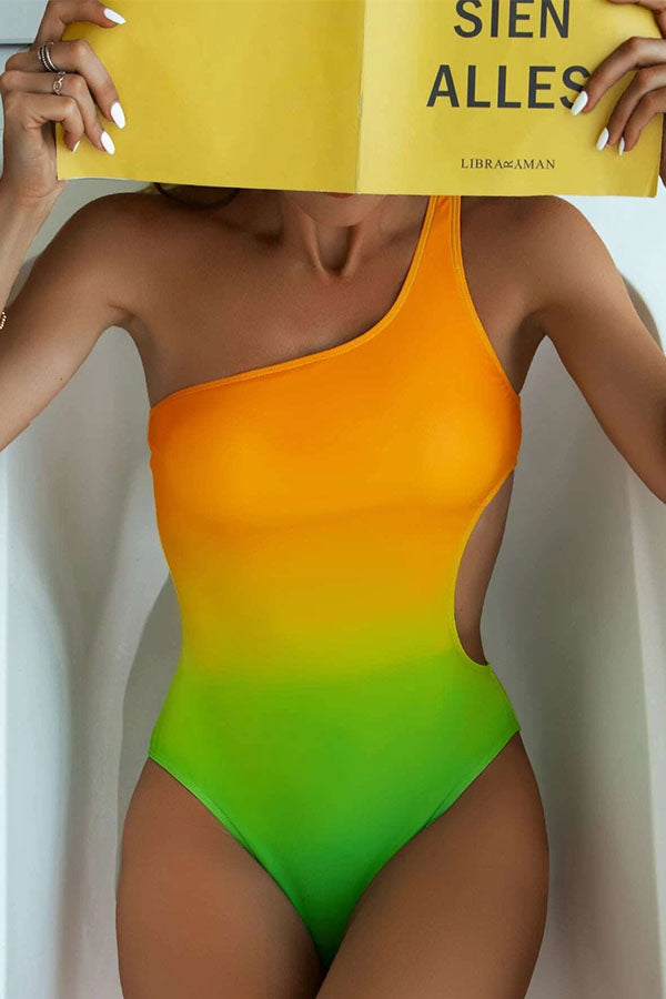Triangle Piece Tie-dye Gradient One-shoulder Hollow One Piece Orange