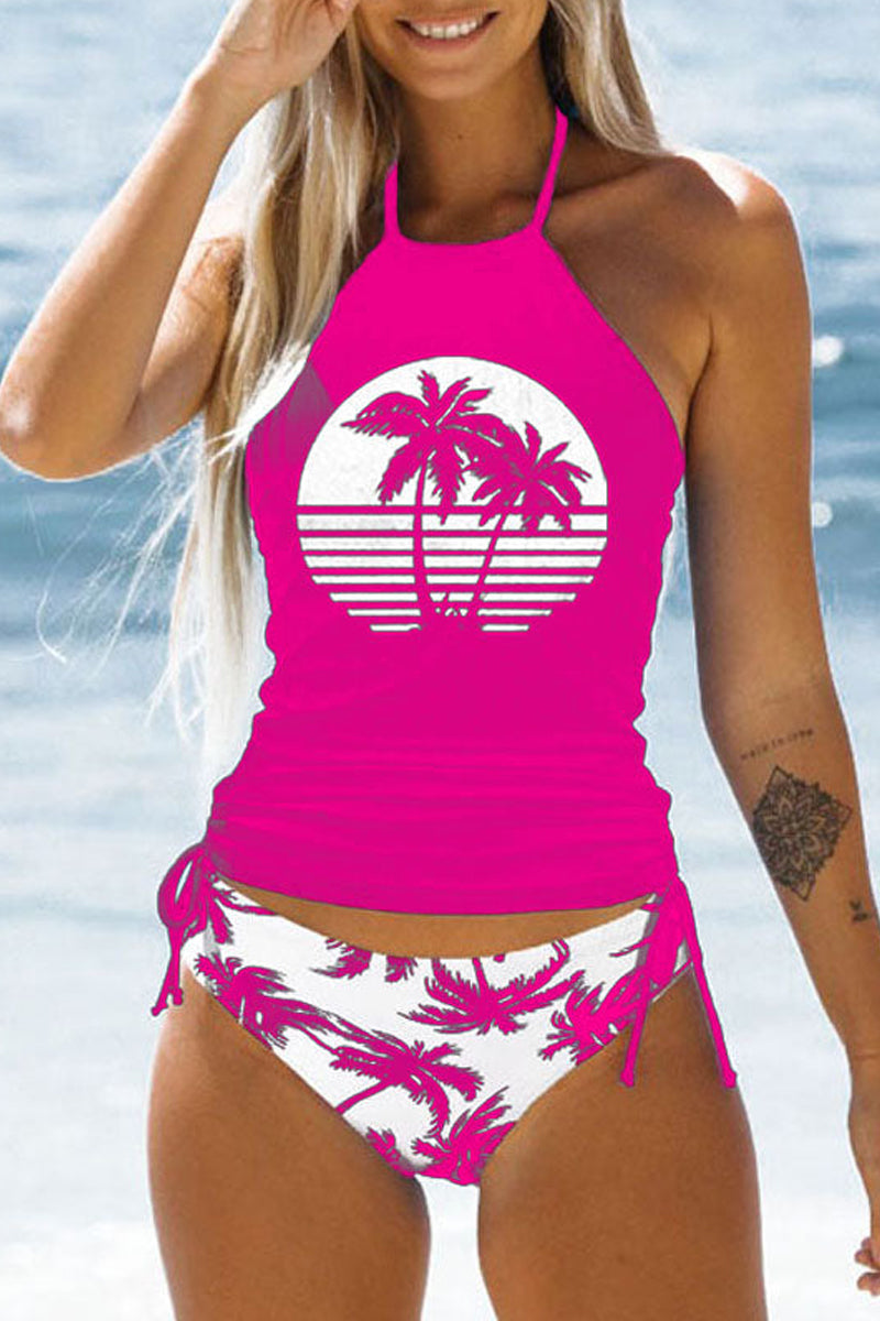 Women's Tropical Plants Print Two Piece Swimwear Pink