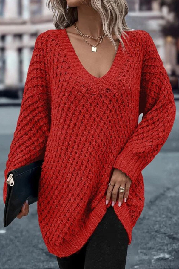 Solid Drop Shoulder Cotton Oversized Sweater Red