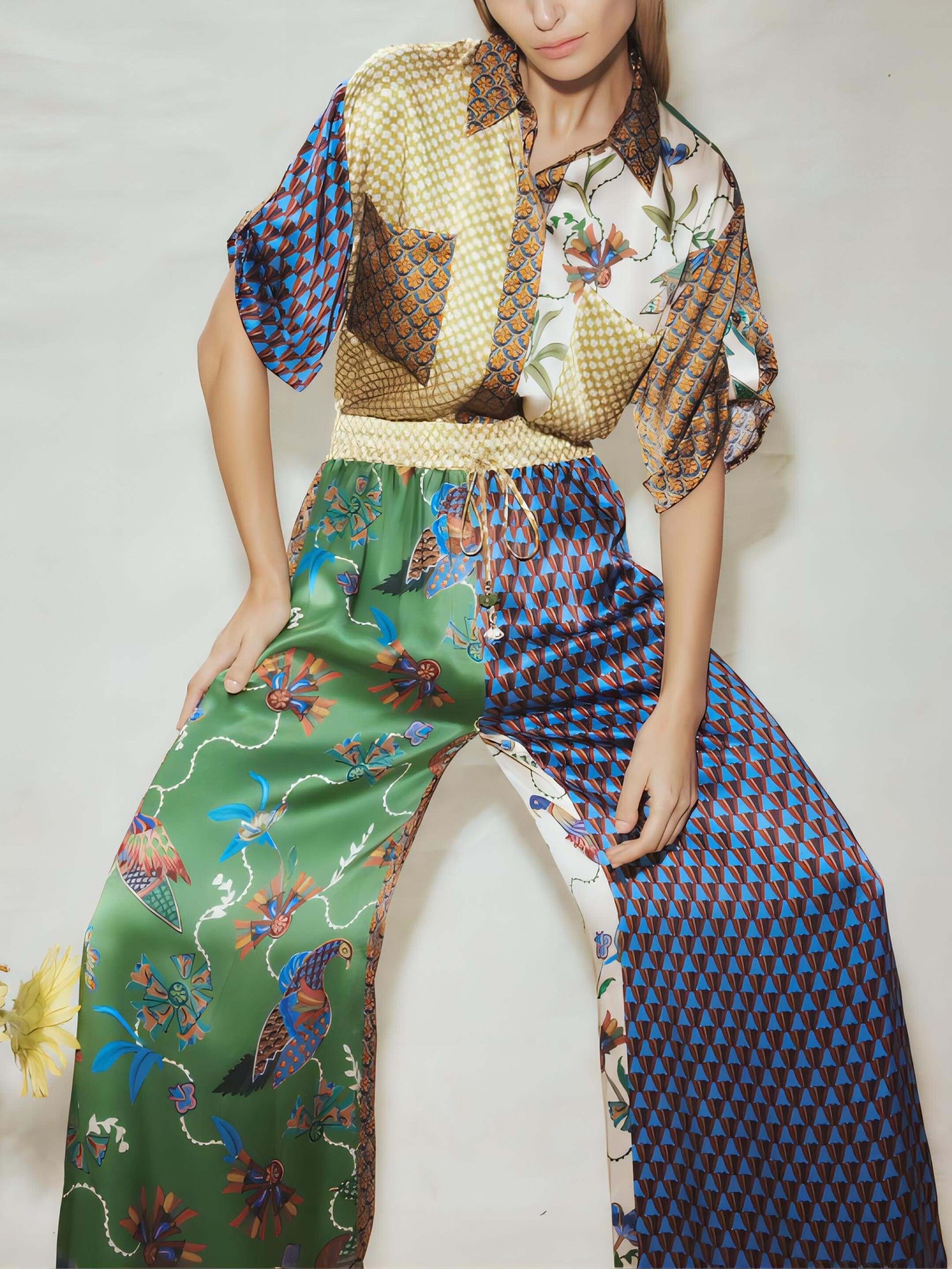 Lockere Hose mit weitem Bein und speziellem Folk-Print
