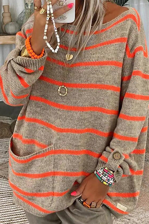 Solid Color Contrast Stripe Pullover Round Neck Loose Sweater Khaki