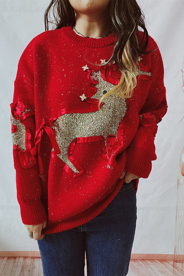 Christmas Pattern Knitted Crew Neck Long Sleeved Sweater Red