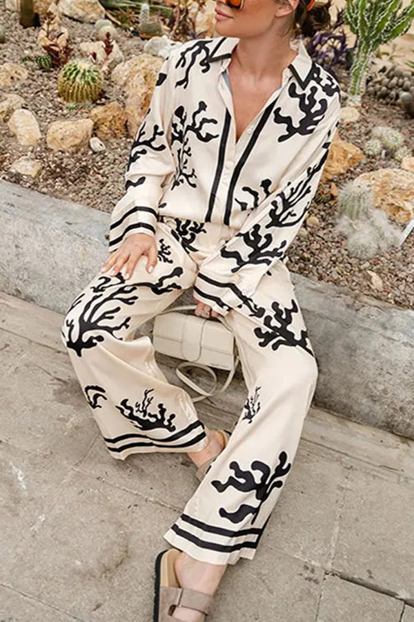 FROM DESK TO DINNER SATIN UNIQUE PRINT BUTTON DOWN OVERSIZED BLOUSE Black