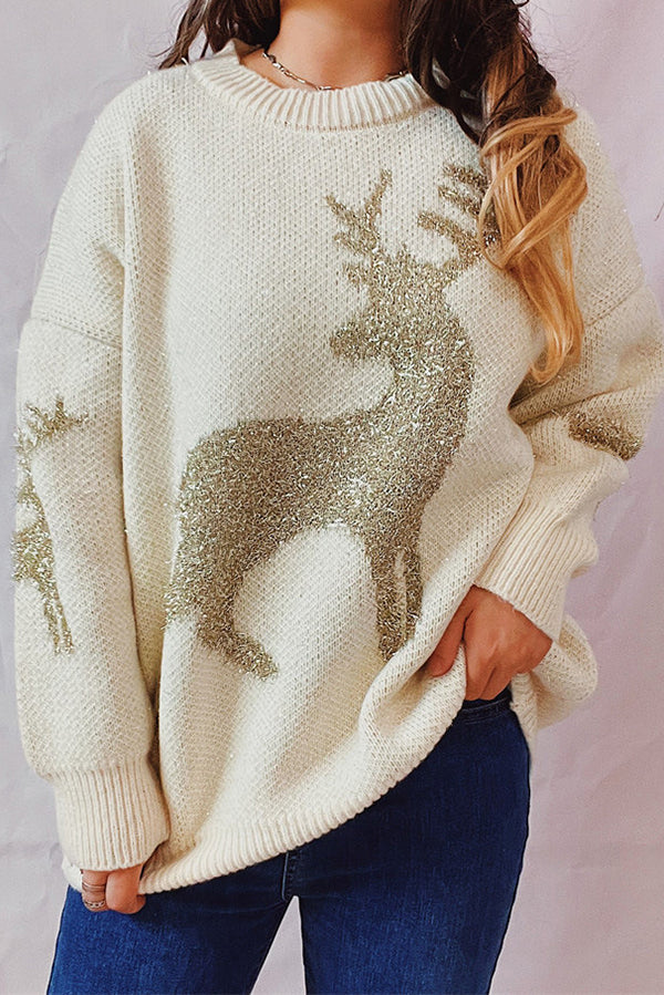 Christmas Pattern Knitted Crew Neck Long Sleeved Sweater White