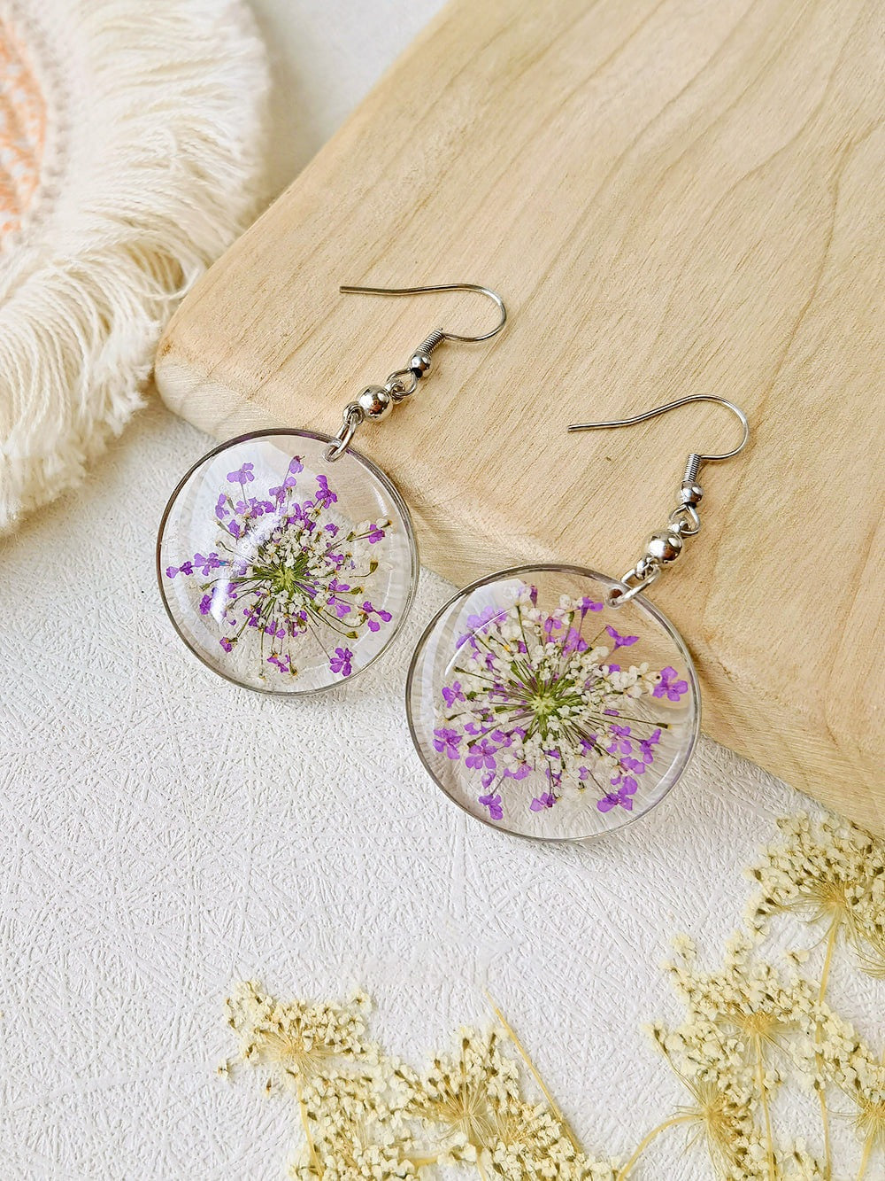 Forget Me Not Queen AnneLace Resin Pressed Flower Earrings Purple one size