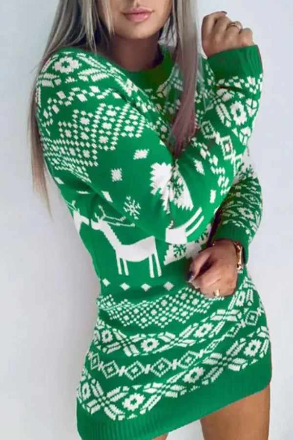 Christmas Reindeer Mixed Print Ugly Sweater Dress Green