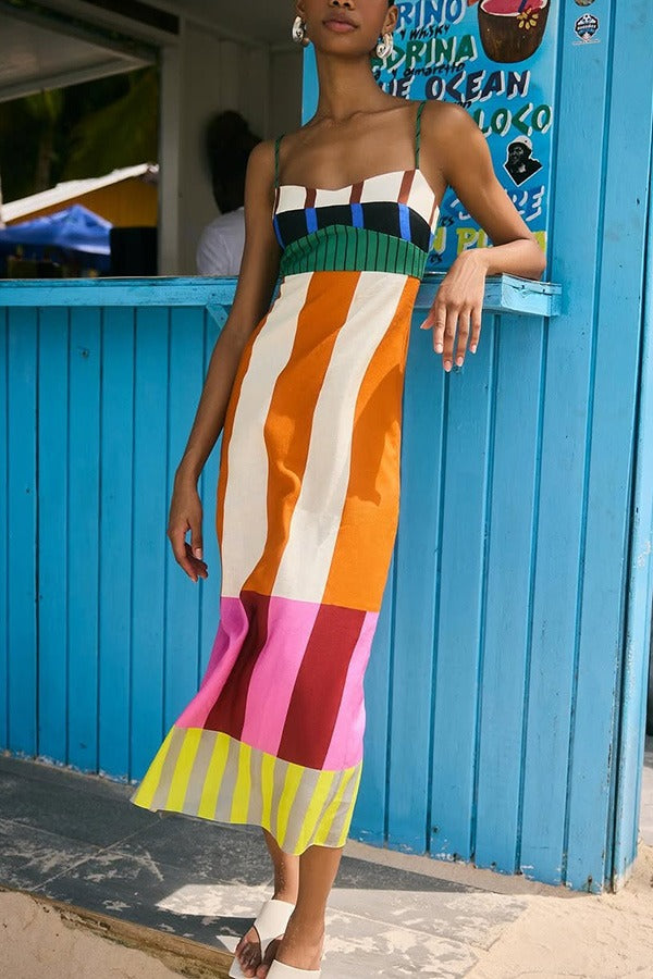 Beach Moment Linen Blend Unique Color Block Slip Maxi Dress Multicolor