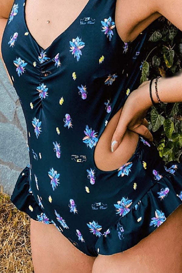 V-neck Waist And Ruffled Floral One-piece Swimsuit Navy blue