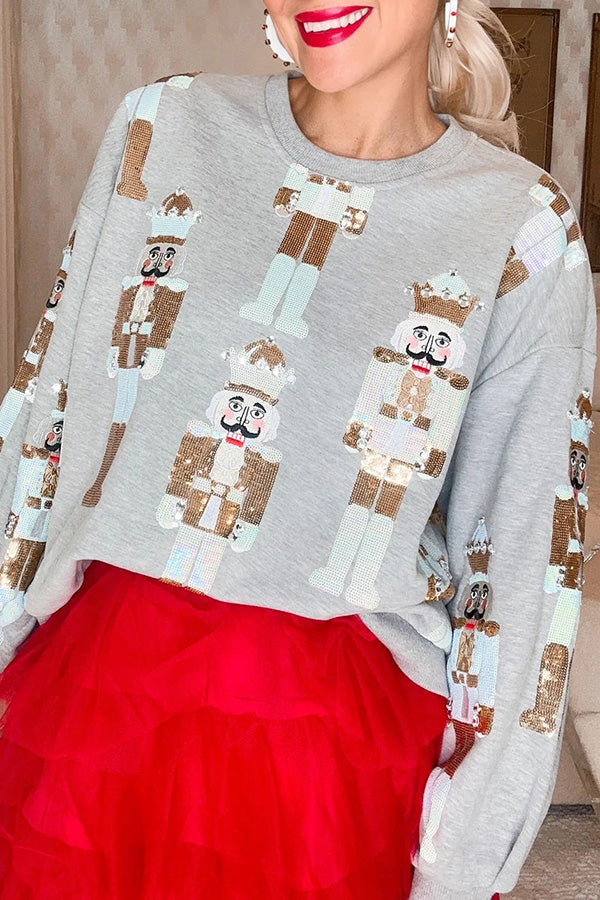 Holiday Traditions Colorful Nutcracker Printed Loose Sweatshirt Grey
