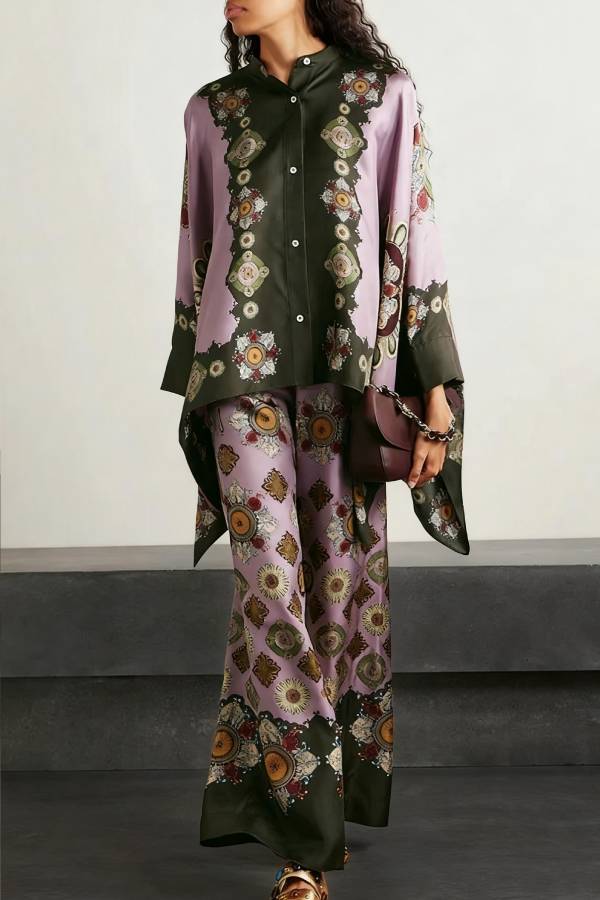 Satin Unique Print Loose Batwing Sleeve Top and Elastic Waist Pocket Casual Wide-leg Pants Set