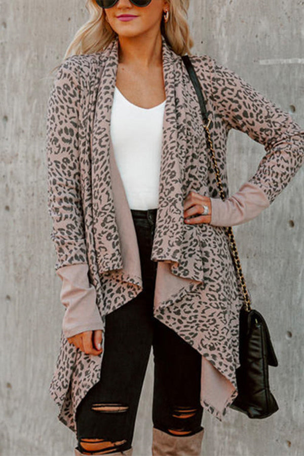 Drape Open Front Irregular Leopard Cardigan leopard print