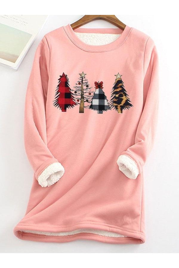 Warm Christmas Tree Print Long Sleeve Shirt Thermal Underwear Pink