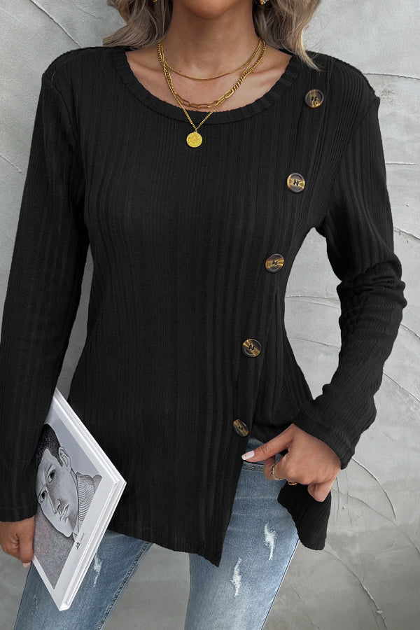 Button Embellished Diagonal Split Knit Texture Long Sleeve Comfortable Women's T-Shirt Black