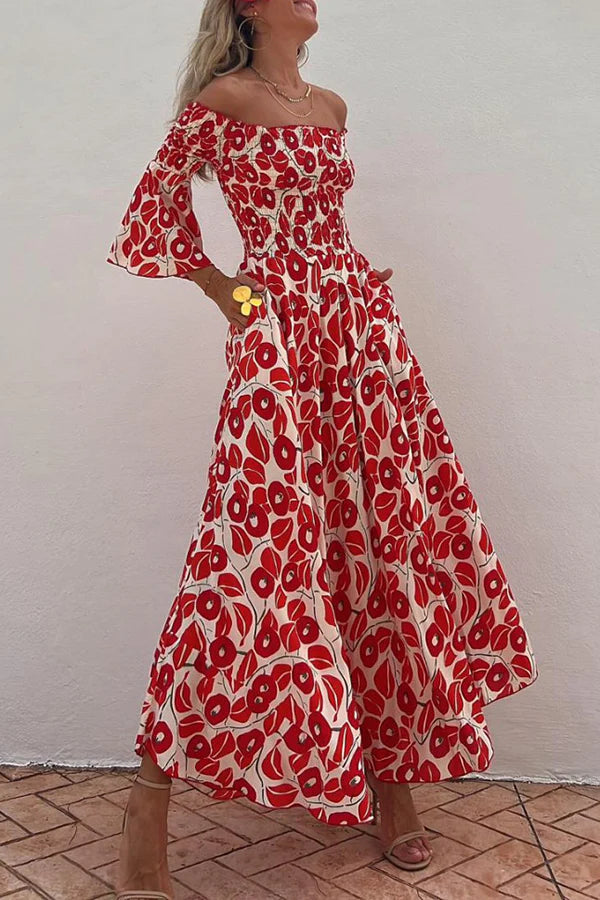 Close To The Vacation Floral Print Smocked Off Shoulder Pocketed Maxi Dress Red