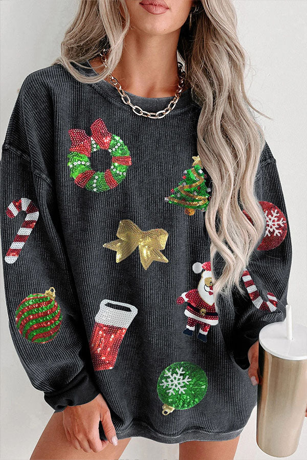 Sequined Christmas Graphic Pullover Sweatshirt Grey