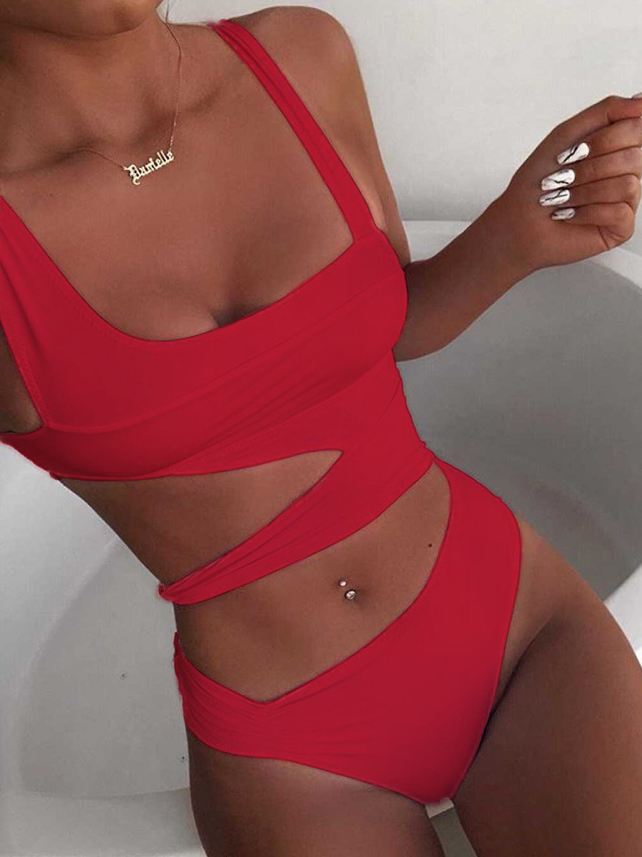 Solid Cut Out One-piece Swimsuit Red