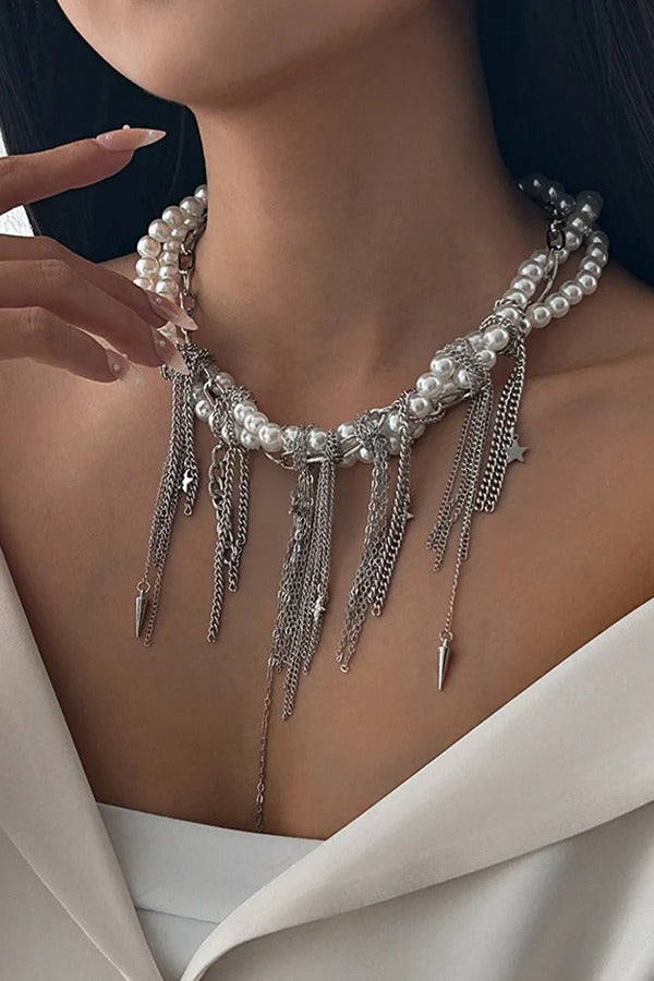 Elegant Pearl Beaded Tassel Heart Chain Necklace 2 one size