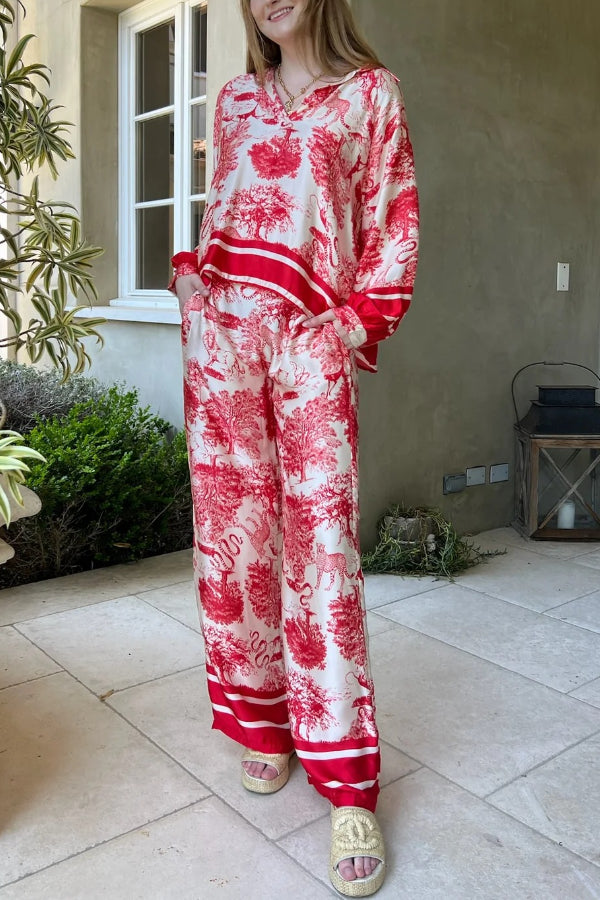 Casual Border Printing Two Pieces Set Red