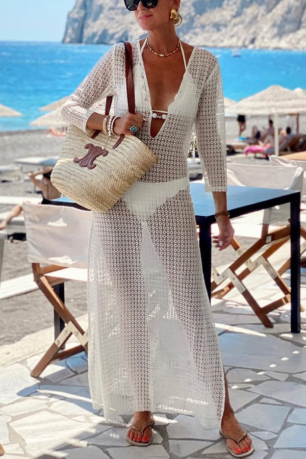 Beach Life Crochet Lace U-neck Half Sleeve Vacation Maxi Dress White
