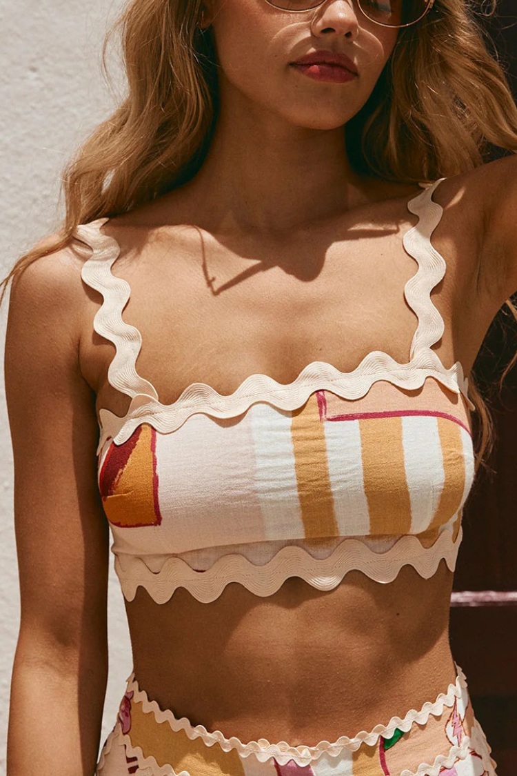 Tia Linen Blend Ric Rac Trims Unique Print Tank + Shirt + Pocketed Pants Set (3pieces)