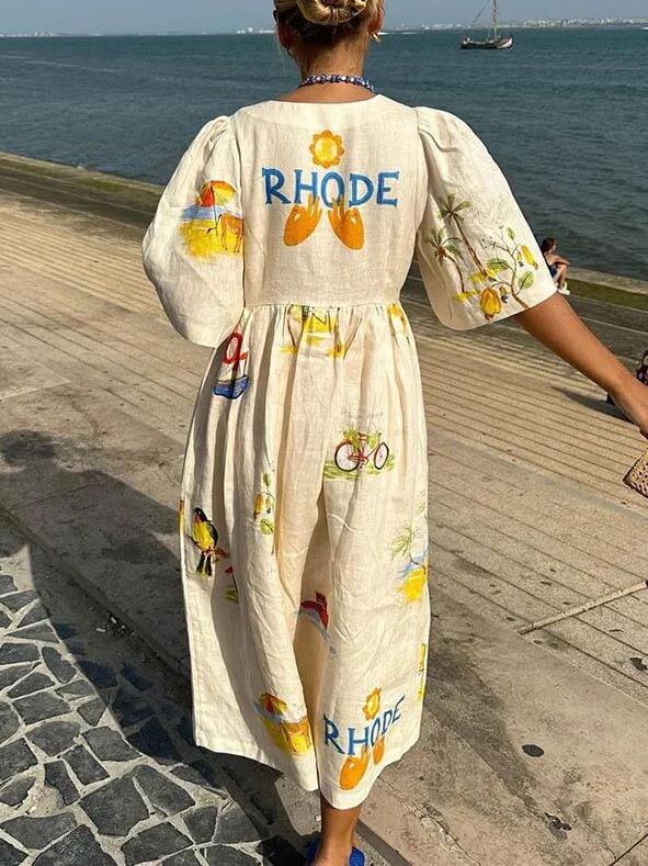 Robe mi-longue à manches bouffantes et imprimé floral folklorique unique pour les fêtes
