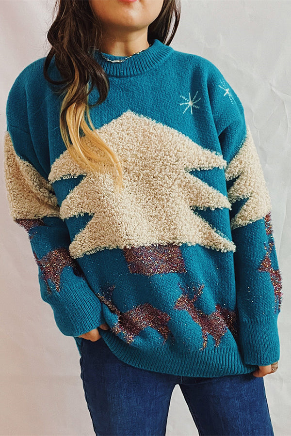 Christmas Pattern Knitted Crew Neck Long Sleeved Sweater Blue