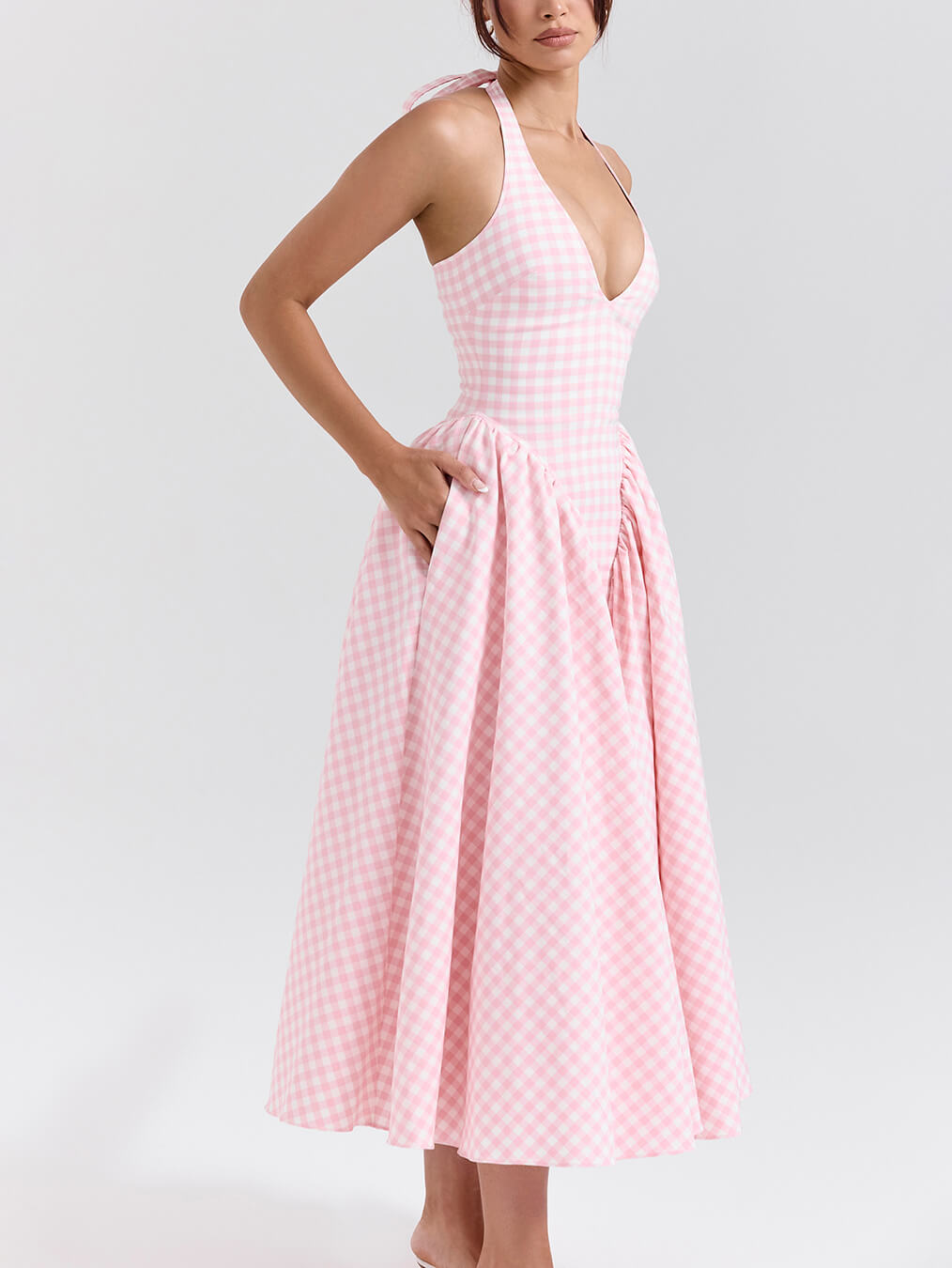 Robe mi-longue à carreaux élégante et rétro avec col en V profond